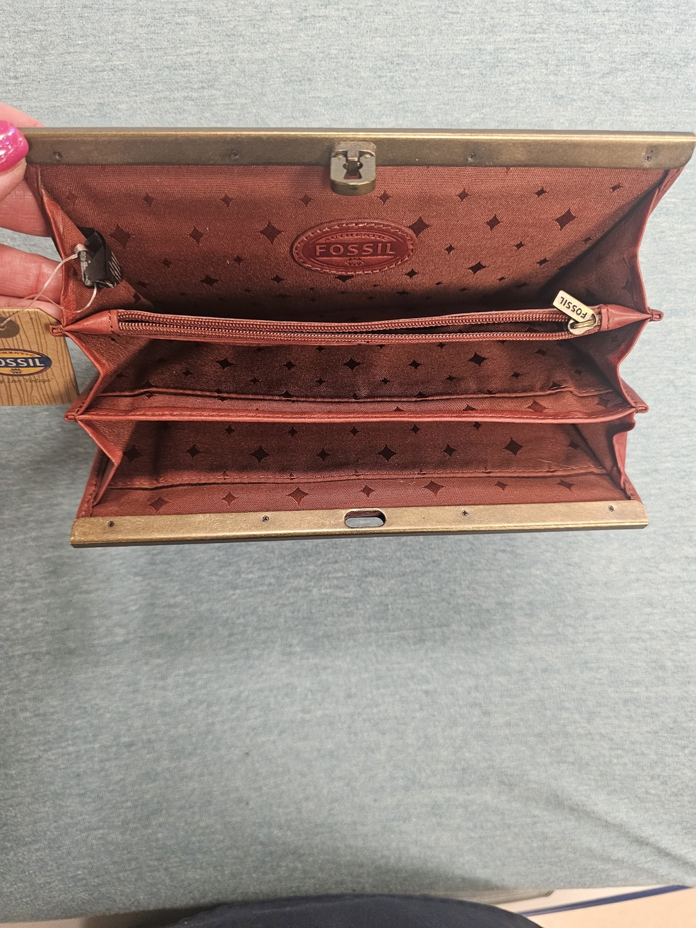 Fossil Red Leather Clutch Wallet with Brass Trim - Picture 2 of 4